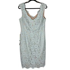 NEW ELIZA J Size 16 Sheath Dress Midi Baby Blue Lace Overlay Sleeveless Eyelash